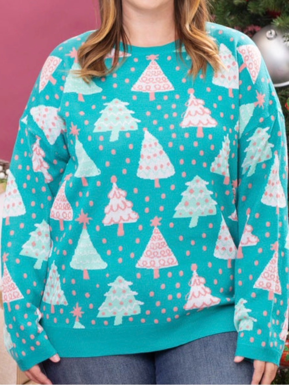 Women's Teal Holiday Tree Sweater. Dear Scarlett. Small.